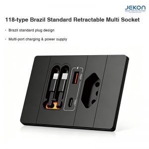 Retractable Cable Wall Socket Brazil Standard 118 Type with USB A Type C PD 20W Fast Charging
