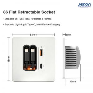 86-Type 20W High Power Wall Charger with Dual Retractable Cables (Lightning+Type-C) + USB-A + Type-C, Multi-Port for Home & Hotel