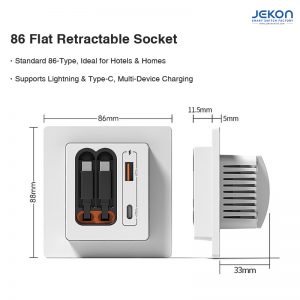 86-Type 20W Pop-Up Retractable Cable Wall Charger, Built-in Lightning+Type-C Cables + USB-A + Type-C, for Home & Hotel