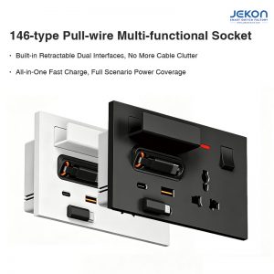 146-Type Multi-Functional Retractable Cable Wall Socket with Phone Holder, 20W Fast Charge & Universal Outlet