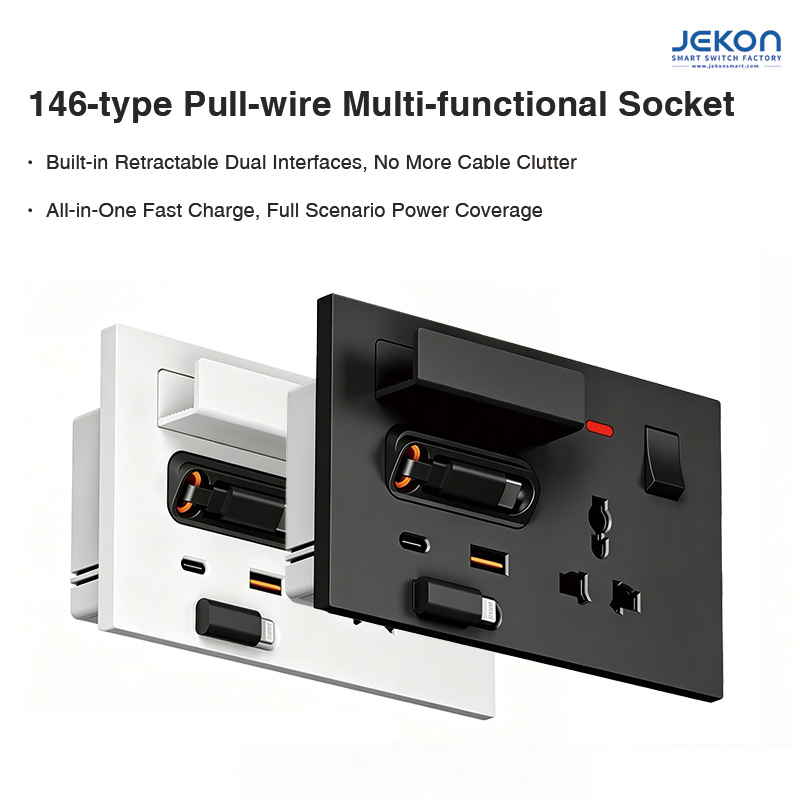 146-Type Multi-Functional Retractable Cable Wall Socket with Phone Holder, 20W Fast Charge & Universal Outlet