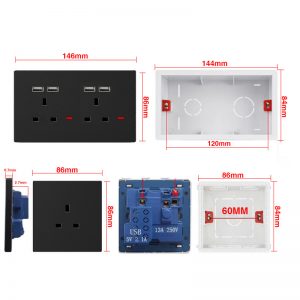 Black Matte Finish UK Wall Sockets, 1 Gang/2 Gang, with Switch, LED Indicator, High Conductivity