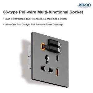 Jekon 86-Type Retractable Cable Wall Socket with 20W Fast Charge, Dual Interfaces & Multi-Scenario Use