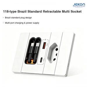 Brazil Standard Multi Function Wall Socket 118 Type with Retractable Charging Cable PD 20W USB C