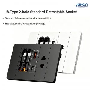 118-Type Standard 2-Hole Wall Socket with Retractable Lightning/Type-C Cables, PD 20W Fast Charging