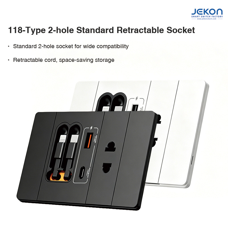118-Type Standard 2-Hole Wall Socket with Retractable Lightning/Type-C Cables, PD 20W Fast Charging