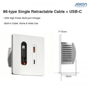 86-Type 20W High Power Wall Charger with Retractable Cable + USB-A + Type-C, Multi-Port for Home & Hotel