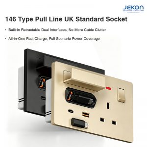 146-Type UK Standard Wall Socket with Retractable Cables, 20W Fast Charge & Integrated Phone Holder