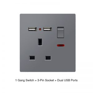 UK Standard 13A Wall Socket with 1 Gang Switch, 3-Pin Outlet & Dual USB Ports, Multi-Color Options