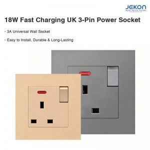 18W Fast Charging UK 3-Pin Wall Socket, 13A, Single Gang with Switch, White/Grey/Gold/Black