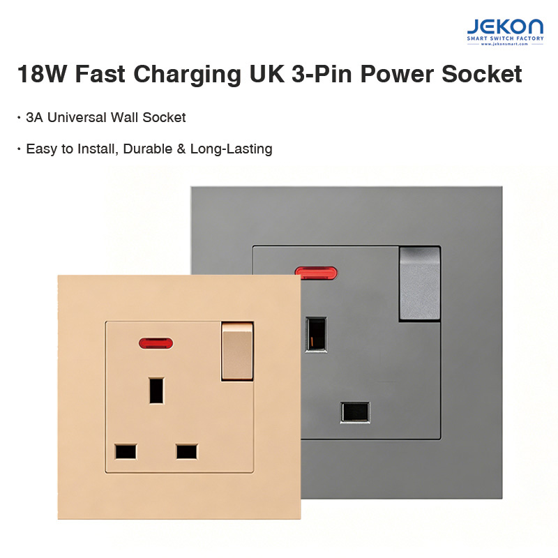 18W Fast Charging UK 3-Pin Wall Socket, 13A, Single Gang with Switch, White/Grey/Gold/Black