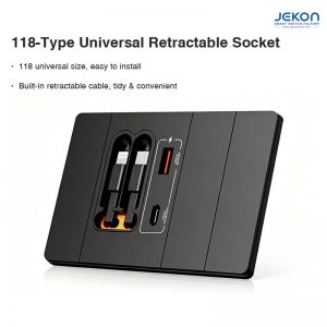 All-in-One 118-Type Wall Socket with Built-in Lightning & Type-C Retractable Cables, Universal Power