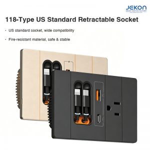 US Standard 118-Type Retractable Socket with Built-in Lightning/Type-C Cables, USB-A/USB-C Fast Charging