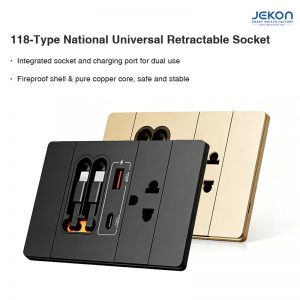 118-Type Universal Wall Socket with Retractable Lightning/Type-C Cables, PD 20W & QC 20W Fast Charging