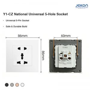 Y1-CZ 86 Type Universal 5 Hole Multi Wall Socket, AC110-250V Wide Voltage, Flame Retardant PC Panel With Child Safety Shutter, 4 Optional Colors