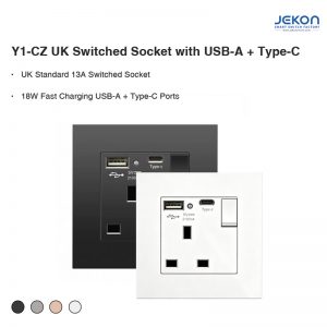 Y1-CZ UK Standard 13A Switched Wall Socket Built-in USB-A & Type-C 18W Fast Charging, AC110-250V Wide Voltage, Flame Retardant PC 4 Matte Colors