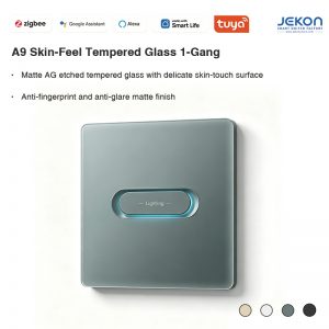 A9 Tuya Zigbee Skin-Feel AG Etched Tempered Glass 1 Gang Smart Touch Switch, Anti-Glare Anti-Fingerprint, AC110V-250V Wide Voltage, 4 Optional Premium Colors With LED Indicator
