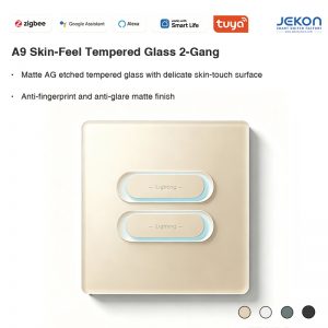 A9 Tuya Zigbee Skin-Feel AG Etched Tempered Glass 2 Gang Smart Touch Switch, 6mm Ultra Slim Panel, Anti-Glare Anti-Fingerprint, AC110V-250V Wide Voltage, 4 Optional Luxury Colors