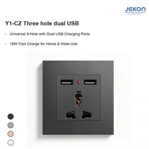 Y1-CZ 86mm Universal 3 Hole Wall Socket Built-in Dual USB 18W Fast Charging, AC110-250V Wide Voltage, Flame Retardant PC Panel 4 Optional Colors