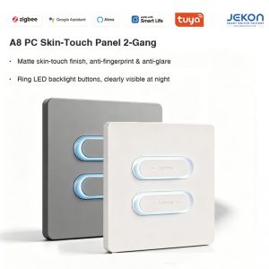 A8 Tuya Zigbee 2 Gang Matte PC Skin Touch Smart Wall Switch, Ultra Slim 6mm Panel, Ring LED Night Backlight, AC110V-250V Wide Voltage, 4 Optional Premium Colors