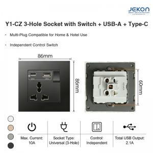 Y1-CZ 86mm Universal 3 Hole Wall Socket With Independent On/Off Switch, Built-in USB-A & Type-C Fast Charge, AC110-250V Wide Voltage, 4 Matte Colors
