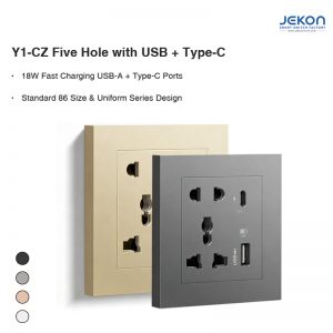 Y1-CZ 86mm Universal 5 Hole Wall Socket Built-in USB-A & Type-C 18W Fast Charging, AC110-250V Wide Voltage, Flame Retardant PC 4 Colors Optional