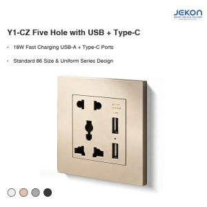 Y1-CZ 86mm Universal 5 Hole Wall Socket Built-in Dual USB 18W Fast Charging, AC110-250V Wide Voltage, Flame Retardant PC, 4 Optional Colors