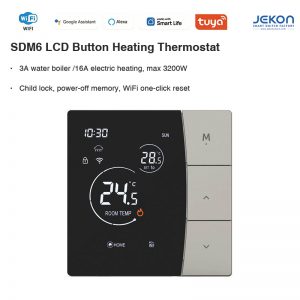 SDM6 Smart WiFi LCD Button Heating Thermostat Dual Use For 16A Electric Heating & 3A Water Boiler, 90-240V AC Negative LCD Screen, Child Lock Power-off Memory, Alexa Google Voice Control, Include 3m Temperature Sensor Wire, 86 Standard Wall Thermostat For Home Hotel Floor Heating