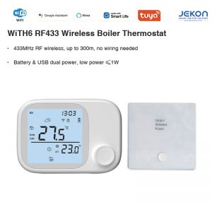 WiTH6 RF433 Smart Wireless Boiler Thermostat, 300m Long Distance RF Signal, Battery & USB-C Dual Power Low Power Consumption ≤1W, No Wiring Required Wall Receiver, Tuya WiFi APP Remote & Alexa Google Assistant Voice Control, Programmable Thermostat with Anti-freeze Power-off Memory Function
