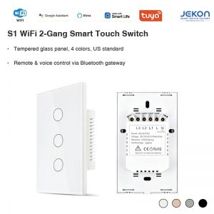 S1 US Standard 3-Gang WiFi Smart Touch Switch Neutral Live Wire Required, 2.4GHz WiFi Direct Connection No Hub Needed, 16A Max Load 5-300W Per Gang Tempered Glass Touch Panel, Alexa Google Assistant Voice Control, Tuya Smart Life APP Remote Timing Control, 4 Colors White/Grey/Gold/Black For Home Hotel Smart Lighting