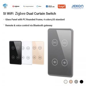US Standard S1 2 Gang Smart Dual Curtain Touch Switch Neutral Live Wire Required, Optional WiFi CB3S / Zigbee ZS3L Module, 16A Max Current, Independently Control Two Curtain Motors, 2.5D Anti-scratch Tempered Glass With Rounded PC Frame, Tuya Smart Life APP Remote Position & Timing Control, Voice Control Compatible with Alexa & Google Assistant, 4 Colors White/Champagne Gold/Grey/Black
