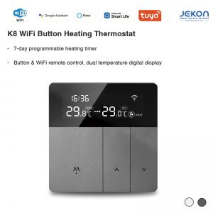 Tuya WiFi Button Electric Floor Heating Thermostat, AC90-240V Wide Voltage, 16A Max Load 4400W Power, With 3M External NTC Sensor Probe, 7-Day Programmable Timer, Dual Temperature LED Display, White & Grey Two Colors Optional