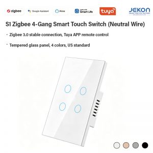 US Standard S1 Zigbee 4-Gang Smart Touch Switch Neutral Live Wire Required, Zigbee 3.0 Stable Mesh Signal 5-300W Per Gang, Tempered Glass Touch Panel, Alexa Google Assistant Voice Control, Tuya Smart Life APP Remote Timing & Scene Control, 4 Colors White/Grey/Gold/Black For Home Hotel Whole House Smart Lighting