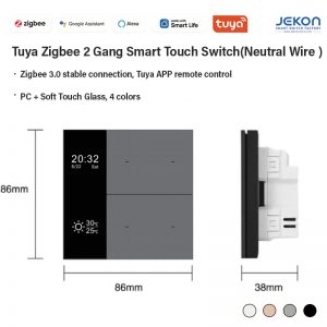 CN Standard 86 Type Zigbee 2-Gang Smart Touch Switch Neutral Live Wire Required, Zigbee3.0 Mesh Module Soft Touch Tempered Glass Panel With Time & Temperature LCD Screen, Alexa Google Assistant Voice Control, Tuya Smart Life APP Remote Timing Group Control, 4 Colors White/Gold/Grey/Black Modular Splicable Smart Home Light Switch