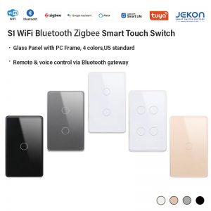 US Standard S1 Multi-Protocol Smart Touch Light Switch Neutral Live Wire Required, Optional WiFi CB3S / Zigbee ZS3L Module, 1/2/3/4 Gang Optional, Premium 2.5D Scratch Resistant Tempered Glass With PC Frame, Max 16A, Tuya Smart Life APP Remote Timing Scene Control, Voice Control Compatible with Amazon Alexa & Google Assistant, 4 Colors White/Champagne Gold/Grey/Black For Whole House Smart Lighting