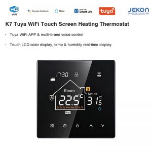 K7 Tuya Smart WiFi Touch LCD Color Screen Thermostat, 16A Electric Underfloor Heating Temperature Panel, AC90-240V Wide Voltage, Child Lock Anti-freeze High Temp Protection, Work with Alexa Google Assistant Smart Life APP, 86 Standard Wall Mount Thermostat