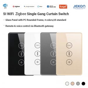 US Standard S1 Single Gang Smart Curtain Touch Switch Neutral Live Wire Required, Optional WiFi CB3S / Zigbee ZS3L Module, 16A Max Current, 2.5D Anti-scratch Tempered Glass With Rounded PC Frame, Control Tubular Curtain & Roller Blind Motor, Tuya Smart Life APP Remote Position & Timing Control, Voice Control Works With Alexa & Google Assistant, 4 Colors White/Champagne Gold/Grey/Black