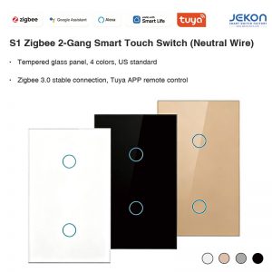 S1 US Standard 2-Gang Zigbee Smart Touch Switch Single Live Wire No Neutral Required, Zigbee ZS3L Mesh Module 5-300W Per Gang, Tempered Glass Touch Panel, Alexa Google Assistant Voice Control, Tuya Smart Life APP Remote Control, Easy Retrofit For Old House Renovation