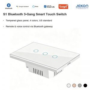 US Standard S1 Bluetooth Mesh 3-Gang Smart Touch Switch Neutral Live Wire Required, Self-Repeating Bluetooth Mesh Network 5-300W Per Gang, Tempered Glass Touch Panel, Alexa Google Assistant Voice Control, Tuya Smart Life APP Remote Control, Cost-Effective For Hotel & Whole House Smart Lighting Projects