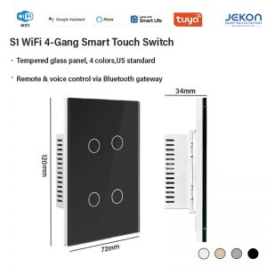 US Standard S1 WiFi 4-Gang Smart Touch Switch Neutral Live Wire Required, 2.4GHz WiFi Direct Connection No Hub Needed, 16A Max Load 5-300W Per Gang Tempered Glass Touch Panel, Alexa Google Assistant Voice Control, Tuya Smart Life APP Remote Timing & Energy Monitoring Function, 4 Colors White/Grey/Gold/Black For Home Hotel Smart Lighting