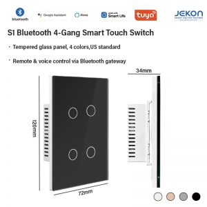 US Standard S1 Bluetooth Mesh 4-Gang Smart Touch Switch Neutral Live Wire Required, Self-Repeating Bluetooth Mesh Network 5-300W Per Gang, Tempered Glass Touch Panel, Alexa Google Assistant Voice Control (Bluetooth Gateway Needed), Tuya Smart Life APP Remote Control, Cost-Effective For Hotel & Whole House Smart Lighting Projects, 4 Colors White/Grey/Gold/Black