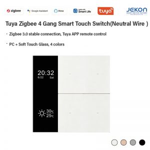 86 Type Zigbee 4-Gang Smart Touch Switch Neutral Live Wire Required, Zigbee3.0 Mesh Self-Repeating Module, Soft Touch Glass Panel With LCD Screen Showing Time Date Temp Humidity, Alexa Google Assistant Voice Control, Tuya Smart Life APP Remote Timing Scene Group Control, 4 Colors White/Champagne Gold/Grey/Black Modular Splicable Whole House Smart Lighting Wall Switch