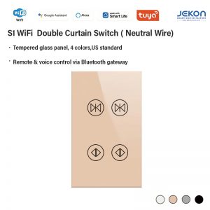 US Standard S1 WiFi 2 Gang Smart Double Curtain Touch Switch Neutral Live Wire Required, CB3S 2.4GHz WiFi Module, Simultaneously Control Two Sets of Roller Blinds & Curtain Motors, Tempered Glass Sensitive Touch Panel, Alexa Google Assistant Voice Control, Tuya Smart Life APP Remote Percentage Timing Control, 4 Colors White/Champagne Gold/Grey/Black For Villa Bedroom Dual Curtain Automation