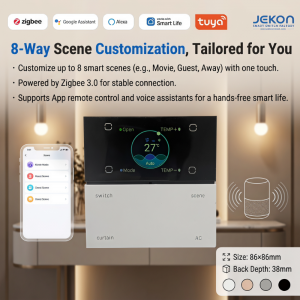 Tuya Zigbee All-in-One Smart Touch Panel Neutral Live Wire Required, Integrated 4 Gang Light Switch, Curtain Motor Control, FCU Air Conditioner Thermostat & 8 Custom Scene Buttons, HD LCD Multifunctional Display, Alexa Google Assistant Voice Control, Tuya Smart Life APP Remote Timing Linkage, 4 Colors White/Champagne Gold/Grey/Black For Hotel Villa Whole House Smart Home System