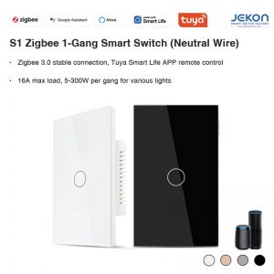 S1 US Standard 1-Gang Zigbee Smart Touch Switch Neutral Live Wire Type, Tuya Zigbee 3.0 ZS3L Module 16A Max Load 5-300W, Tempered Glass Panel, Alexa Google Assistant Voice Control, Smart Life APP Remote Control, 4 Colors Optional White/Gold/Grey/Black