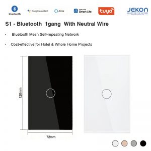 S1 US Standard 1-Gang Bluetooth Mesh Smart Touch Switch Neutral Live Wire Required, Tuya Bluetooth Self-Repeating Mesh Network 16A Max Load 5-300W, Tempered Glass Touch Panel, Alexa Google Voice Control, Smart Life APP Remote Control, Cost Effective For Hotel Whole Home Smart Projects