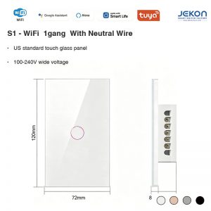 S1 US Standard 1-Gang WiFi Smart Touch Switch Neutral Live Wire Required, 2.4GHz WiFi Tuya Smart Life APP Remote Control, 16A Max Load 5-300W Tempered Glass Touch Panel, Alexa Google Assistant Voice Control, 4 Colors White/Grey/Gold/Black For Home Hotel Smart Lighting