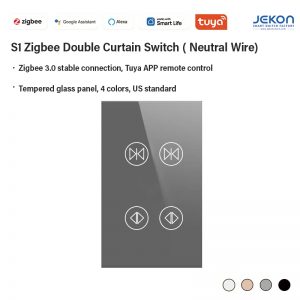 US Standard S1 Zigbee 3.0 Double Gang Smart Dual Curtain Touch Switch Neutral Live Wire Required, ZS3L Mesh Module, Independently Control Two Curtain Motors, Tempered Glass Backlit Touch Panel, Alexa Google Assistant Voice Control, Tuya Smart Life APP Remote Position & Timing Control, 4 Colors White/Champagne Gold/Grey/Black For Sheer & Main Curtain Smart Home Automation