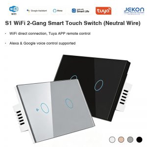 US Standard S1 Bluetooth Mesh 2-Gang Smart Touch Switch Neutral Live Wire Required, Self-Repeating Bluetooth Mesh Network 5-300W Per Gang, Tempered Glass Touch Panel, Alexa Google Voice Control, Smart Life APP Remote Control, Cost Effective For Hotel Whole Home Smart Lighting Projects