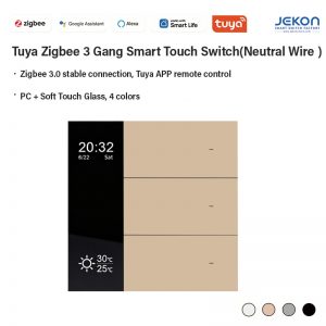 86 Type Zigbee 3-Gang Smart Touch Switch Neutral Live Wire Required, Zigbee3.0 Mesh Module Soft Tempered Glass Panel With LCD Screen Showing Time Date Temp Humidity, Alexa Google Assistant Voice Control, Tuya Smart Life APP Remote Timing Scene Control, 4 Colors White/Gold/Grey/Black Modular Splicable Whole House Smart Lighting Switch
